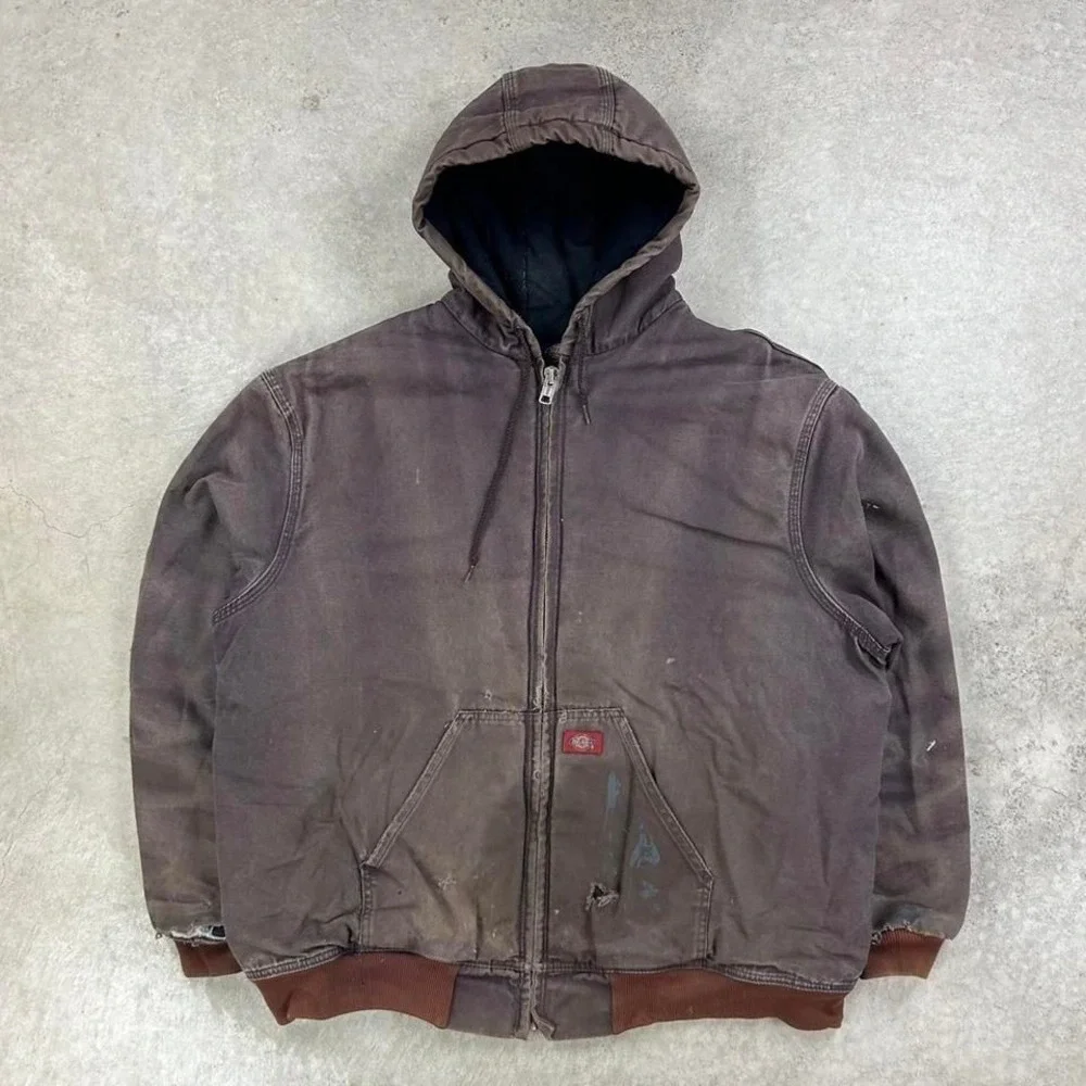Vintage 90s Dickies Hooded Jacket Size XXL Faded Brown Full Zip Workwear Coat